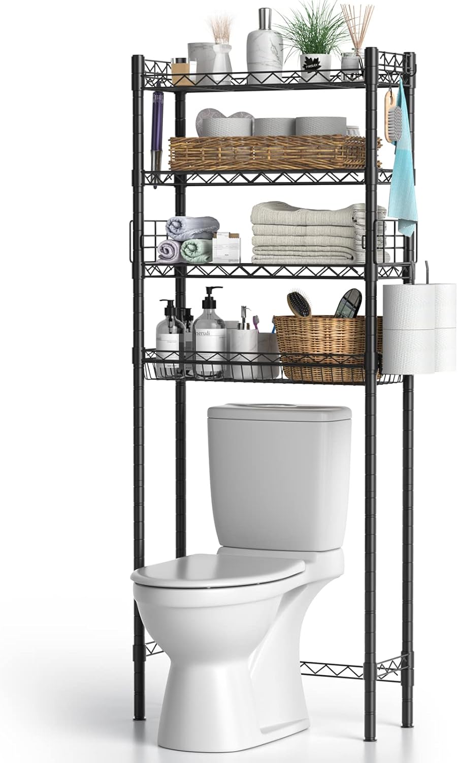 Over Toilet Bathroom Organizer. 4-Tier Over The Toilet Storage Shelf Bathroom Shelves. Above Toilet Storage Rack Bathroom Space Saver. Black