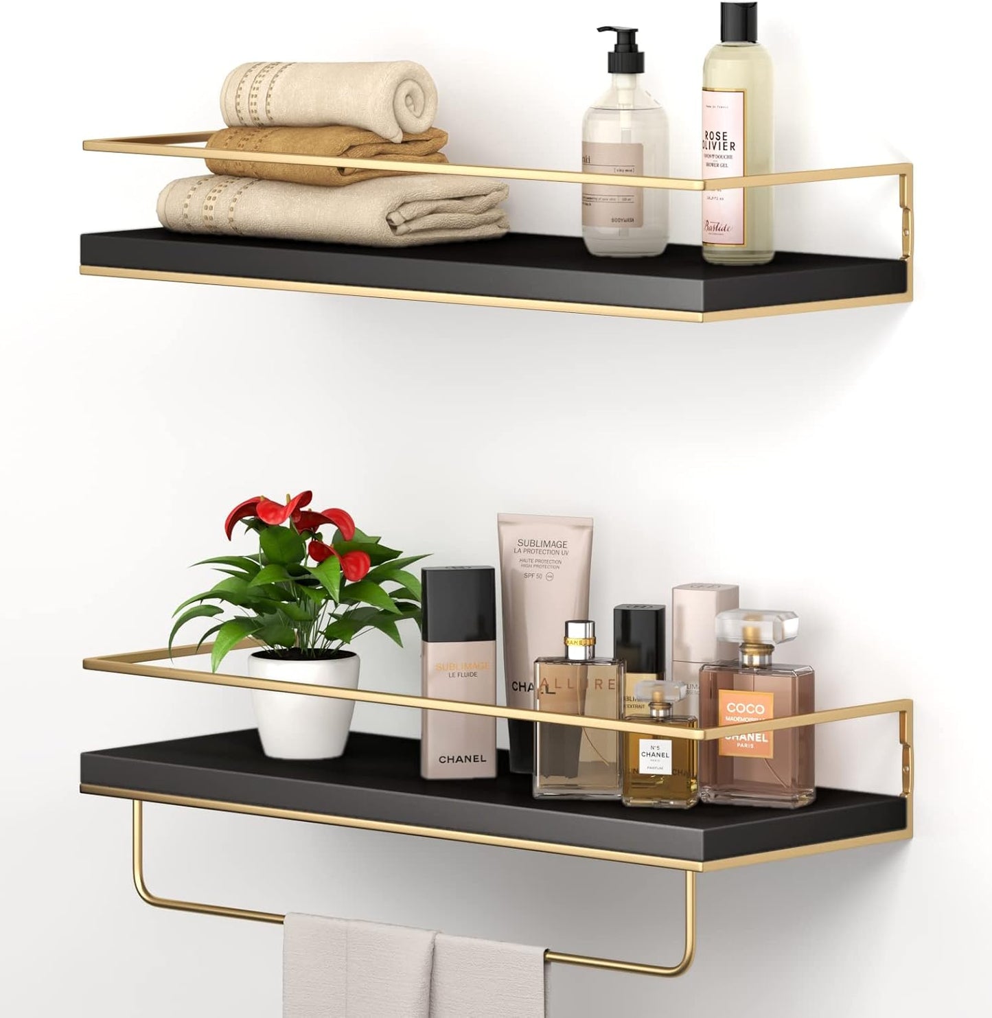 Shario White Floating Shelves - Set of 2. Wall Mounted Hanging Shelves with Golden Towel Rack. Decorative Storage Shelves for Bathroom. Kitchen. Living Room & Bedroom (White)