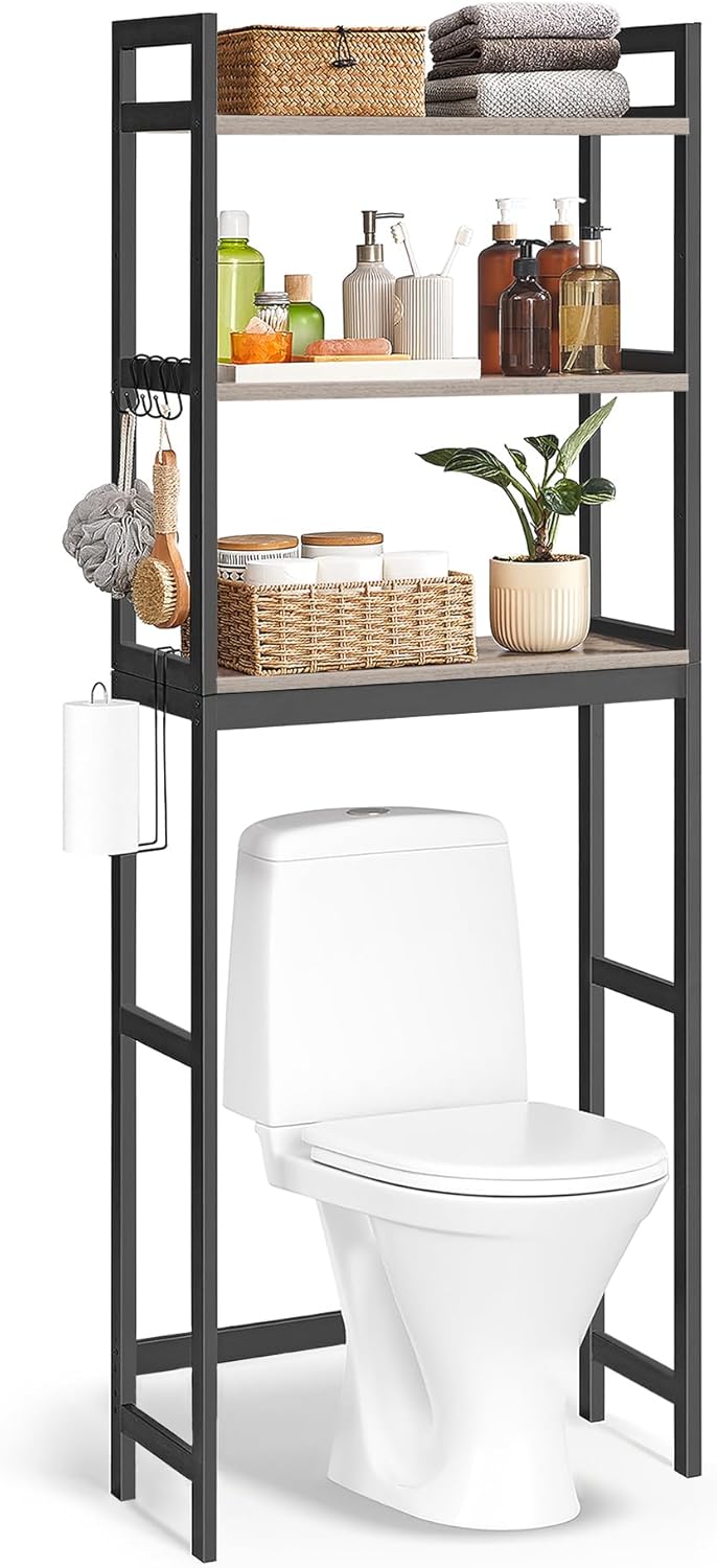 SONGMICS Over-The-Toilet Storage. 3-Tier Bathroom Organizer Over Toilet with Adjustable Shelves. Hooks. Bamboo. Freestanding Space Saver Bathroom Shelves. Rustic Brown and Ink Black UBTS012B01