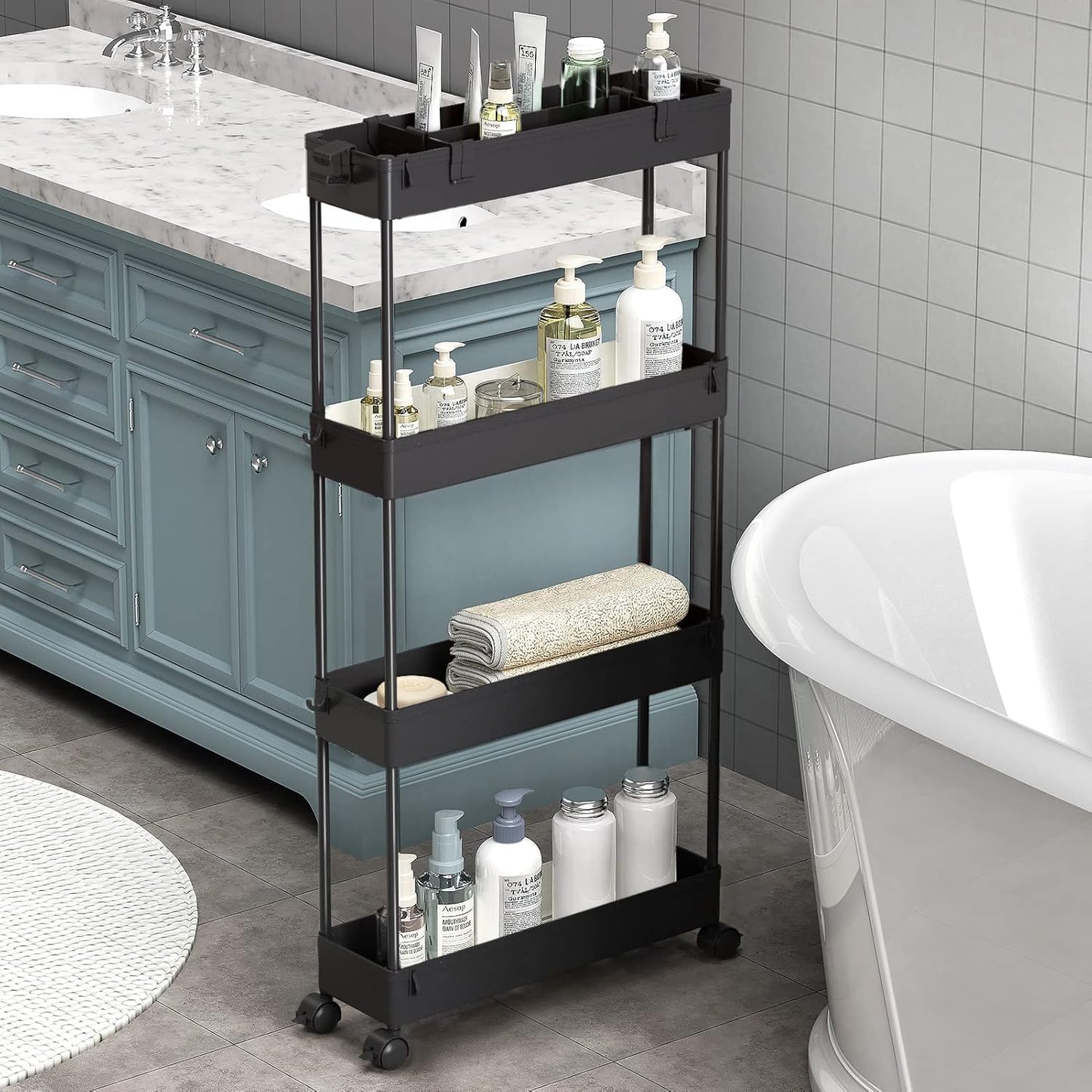 SPACELEAD Slim Storage Cart 4 Tier.Bathroom Organizer Rolling Utility. Mobile Shelving Unit Slide Out for Office. Kitchen. Laundry Room & Narrow Places.White