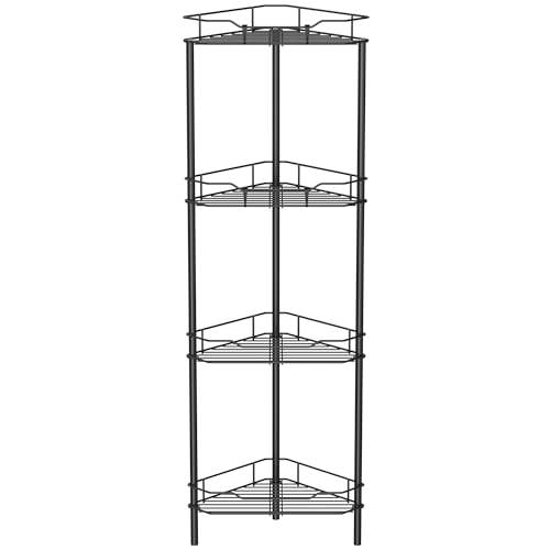 4 Tier Floor Standing Corner Shower Caddy Organizer Shelf with Hooks. Bathroom Shelves Stand Rack. Black