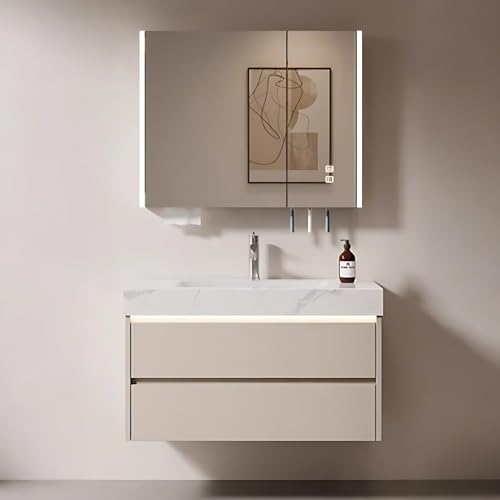 24in Luxury Cream Modern Bathroom Vanity - Wall-Mounted Floating Cabinet with Sink. 2 Soft-Close Drawers. Smart Defogging & LED Lighting | Tall Bathroom Storage Vanities