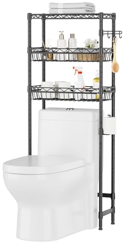 SINGAYE Over-The-Toilet Storage Rack 3-Tier Bathroom Organizer and Storage Shelf Over Toilet with Adjustable Shelf and Basket Freestanding Space Saver Bathroom Shelves Above Toilet for Room Black