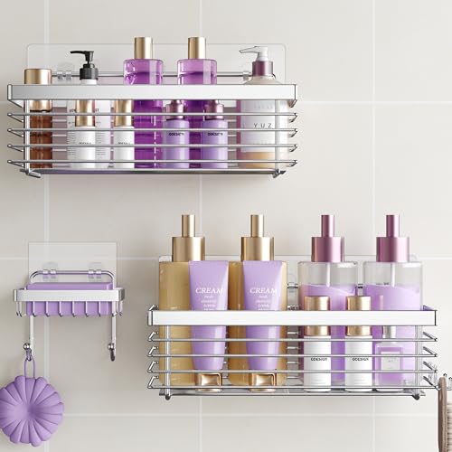 ODesign Shower Caddy 3 Pack SUS304 Stainless Steel-No Drilling-Shower Bathroom Shelves Rack.Rustproof Wall Mounted.Adhesive Shower Shelf Basket Organizer-Silver