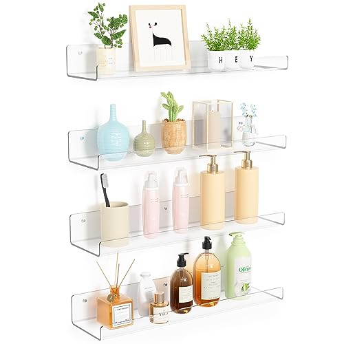 upsimples 4 Pack Acrylic Shelves for Wall Storage. 15 Floating Bookshelves for Kids. Display Shelf Organizer for Bathroom. Bedroom. Living Room. Kitchen. Room Decor. Clear