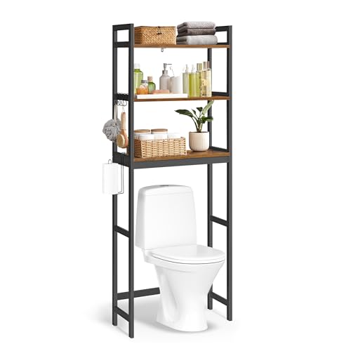 SONGMICS Over-The-Toilet Storage. 3-Tier Bathroom Organizer Over Toilet with Adjustable Shelves. Hooks. Bamboo. Freestanding Space Saver Bathroom Shelves. Rustic Brown and Ink Black UBTS012B01