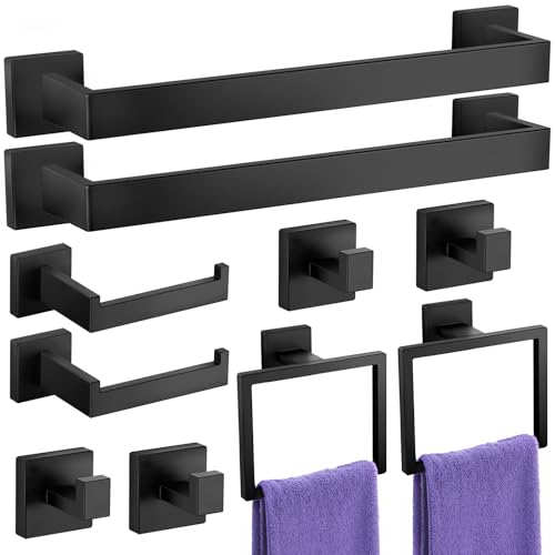 10-Pieces Towel Racks for Bathroom. Matte Black Bathroom Accessory Set. Stainless Steel Black Bathroom Accessories. SUS304 Stainless Steel Wall Mounted. Bath Towel Bar Set