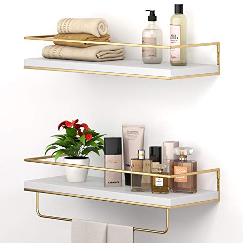 Shario White Floating Shelves - Set of 2. Wall Mounted Hanging Shelves with Golden Towel Rack. Decorative Storage Shelves for Bathroom. Kitchen. Living Room & Bedroom (White)