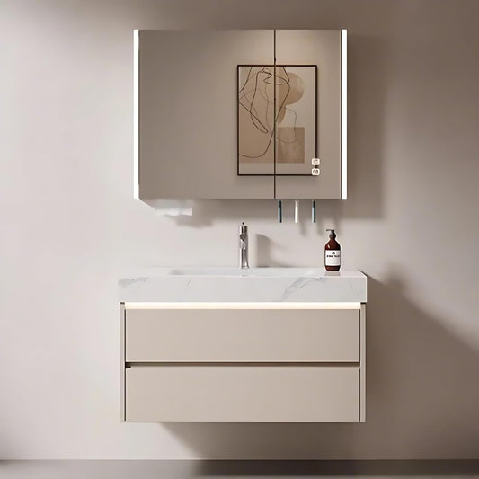 24in Luxury Cream Modern Bathroom Vanity - Wall-Mounted Floating Cabinet with Sink. 2 Soft-Close Drawers. Smart Defogging & LED Lighting | Tall Bathroom Storage Vanities