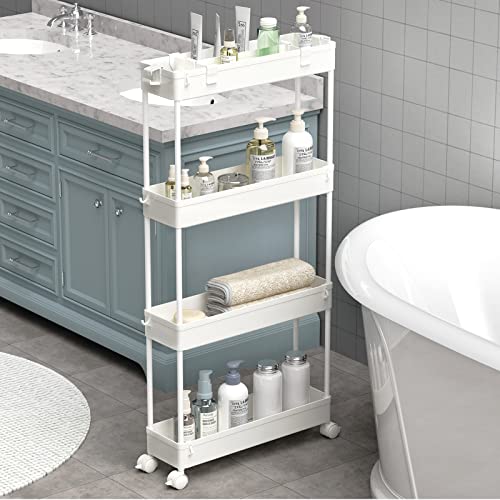 SPACELEAD Slim Storage Cart 4 Tier.Bathroom Organizer Rolling Utility. Mobile Shelving Unit Slide Out for Office. Kitchen. Laundry Room & Narrow Places.White