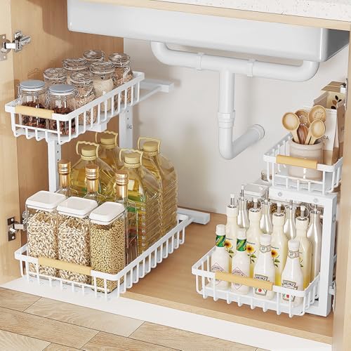 2 Tiers Under Sink Organizers. 2 Pack Metal Kitchen Storage Shelf. Pull Out Sink Storage Rack. Multi-purpose Under Sink Shelf Organizer for Under Sink Cabinet Bathroom Kitchen (White)