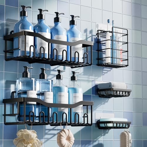 5-Pack Rustproof Stainless Steel Shower Caddy Set– No Drill Adhesive Bathroom Organizer. Space-Saving Shower Shelves for Apartment Essentials. Bathroom/Kitchen Storage Home Decor-L Size