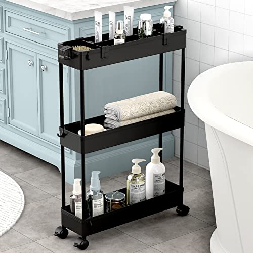 SPACELEAD Slim Storage Cart 3 Tier.Bathroom Organizer Rolling Utility.Mobile Shelving Unit Slide Out for Office. Kitchen. Laundry Room & Narrow Places.Black