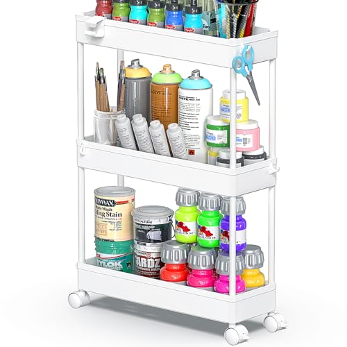 SPACEKEEPER Slim Rolling Storage Cart. 3 Tier Bathroom Storage Organizer Laundry Room Utility Cart Mobile Shelving Unit. Multi-Purpose for Kitchen Office Bathroom Laundry Narrow Places. White