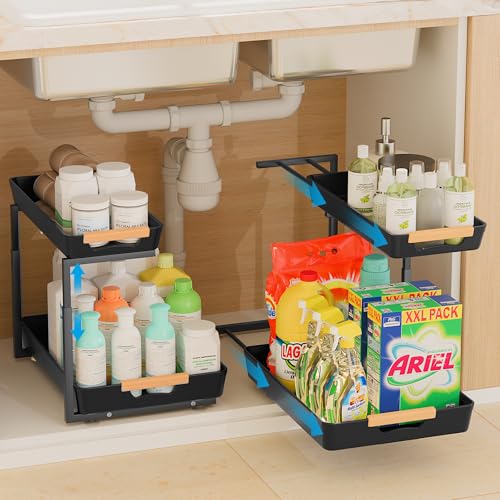 2 Pack Under Sink Organizer Pull 0ut. 3 Height Adjustable Under Kitchen Sink 0rganizer and Storage Black. 2 Tier Double Sliding Drawer Cabinet Organizer for Kitchen Bathroom Pantry