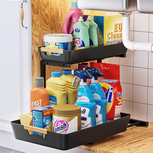 Under Sink Organizer. 2 Tier Adjustable Height Under Sink Organizers and Storage. L-Shaped Slide Out Pull Out Cabinet Organizers for Bathroom Kitchen Pantry(1 Pack. Black)