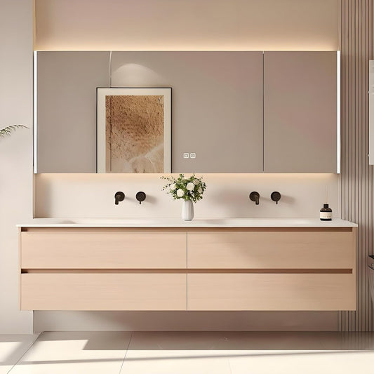 60'' Double Bathroom Vanity with Sink - LED Light & Defogging Function Mirror | Wall Mounted Bathroom Cabinet with 4 Drawers. Integral Ceramic Wash Basin