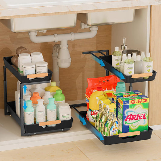 2 Pack Under Sink Organizer Pull 0ut. 3 Height Adjustable Under Kitchen Sink 0rganizer and Storage Black. 2 Tier Double Sliding Drawer Cabinet Organizer for Kitchen Bathroom Pantry