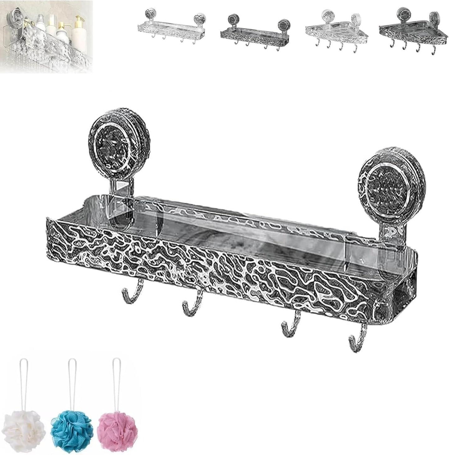 Thrivent Shower Shelf. Corrugated Suction Cup Storage Holder. No-Drill Bathroom Suction Storage Box Large Capacity & Strong Load-Bearing.Light Luxury Style Glacier Pattern (Rectangle Transparent)