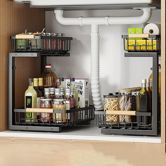 2 Tiers Under Sink Organizers. 2 Pack Metal Kitchen Storage Shelf. Pull Out Sink Storage Rack. Multi-purpose Under Sink Shelf Organizer for Under Sink Cabinet Bathroom Kitchen (White)