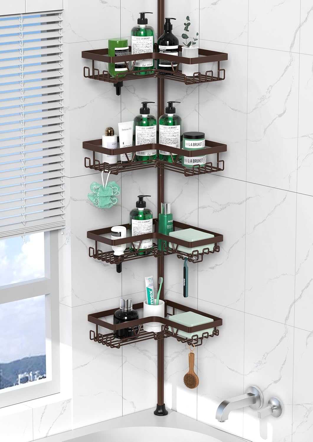 Corner Shower Caddy Tension Pole - 4 Tier Stainless Steel Rustproof Shower Corner Caddy for Bathtub Bathroom Shower Organizer Shelves Adjustable Pole 25-114.2 Inch Black