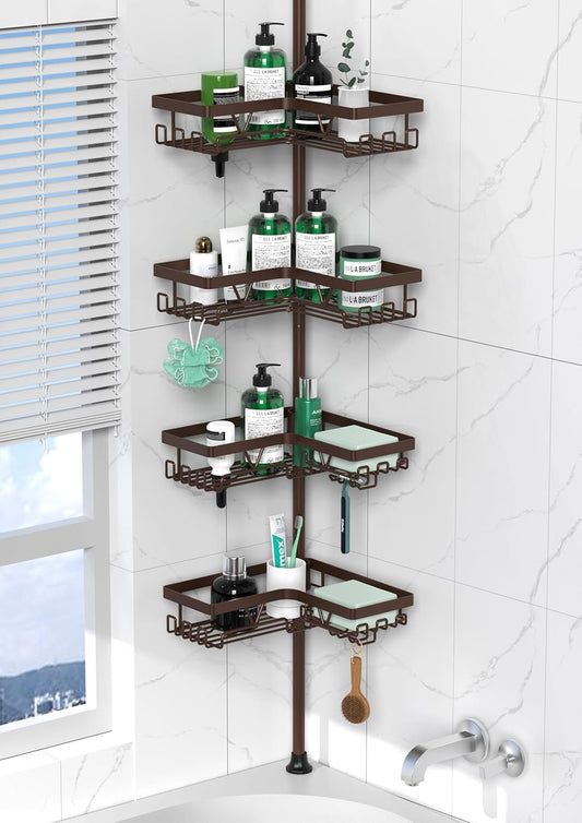 Corner Shower Caddy Tension Pole - 4 Tier Stainless Steel Rustproof Shower Corner Caddy for Bathtub Bathroom Shower Organizer Shelves Adjustable Pole 25-114.2 Inch Black